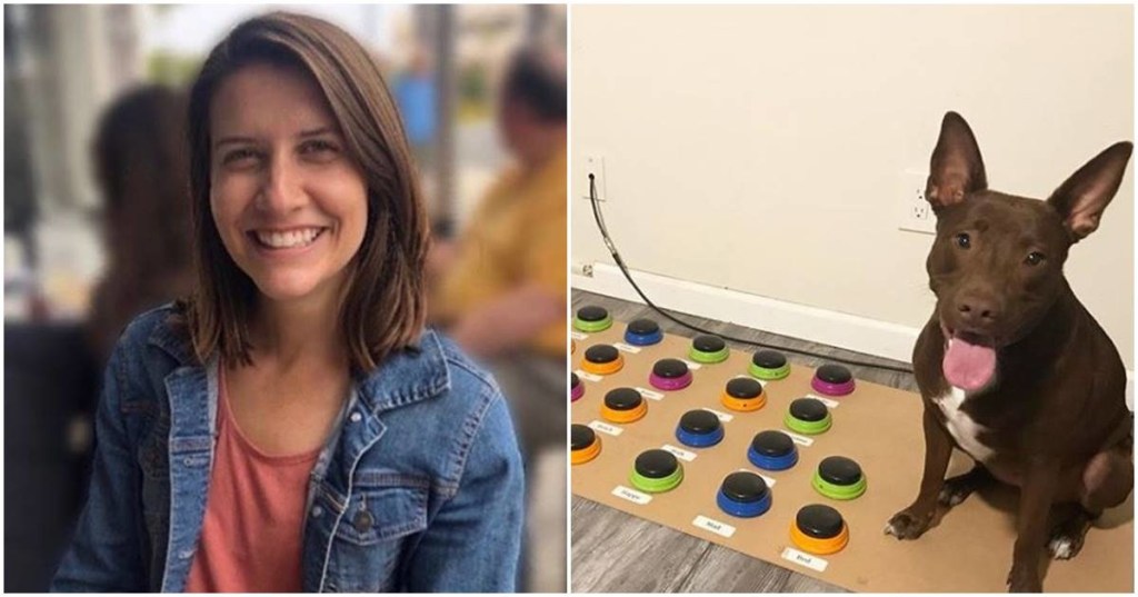 Smiling woman; dog sitting beside buttons