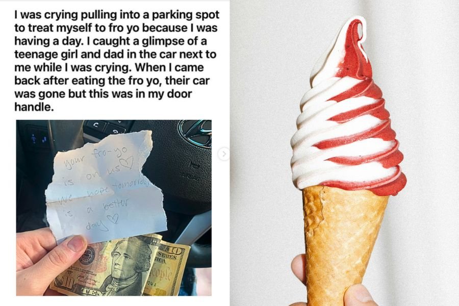 screenshot of a note and $10 bill next to a cone of frozen yogurt