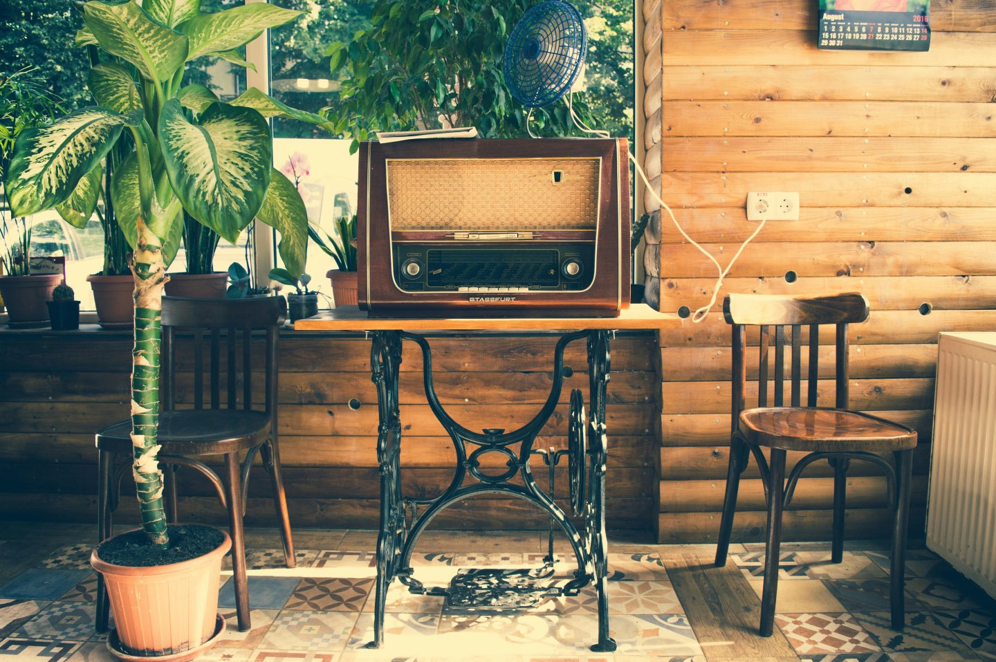 antique sewing table and radio
