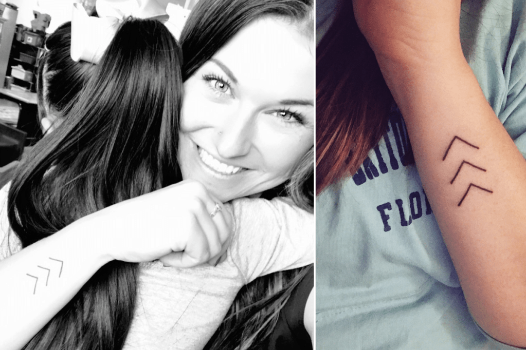 Side by side photos of a woman displaying her three arrow Lucky Few Tattoo