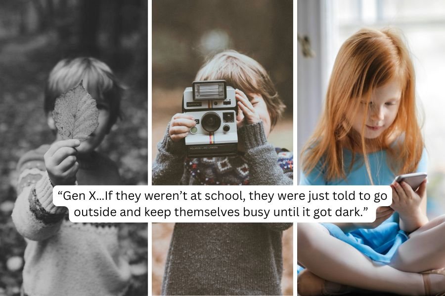 kid holding a leaf, kid holding a polaroid camera, and a kid holding a smartphone