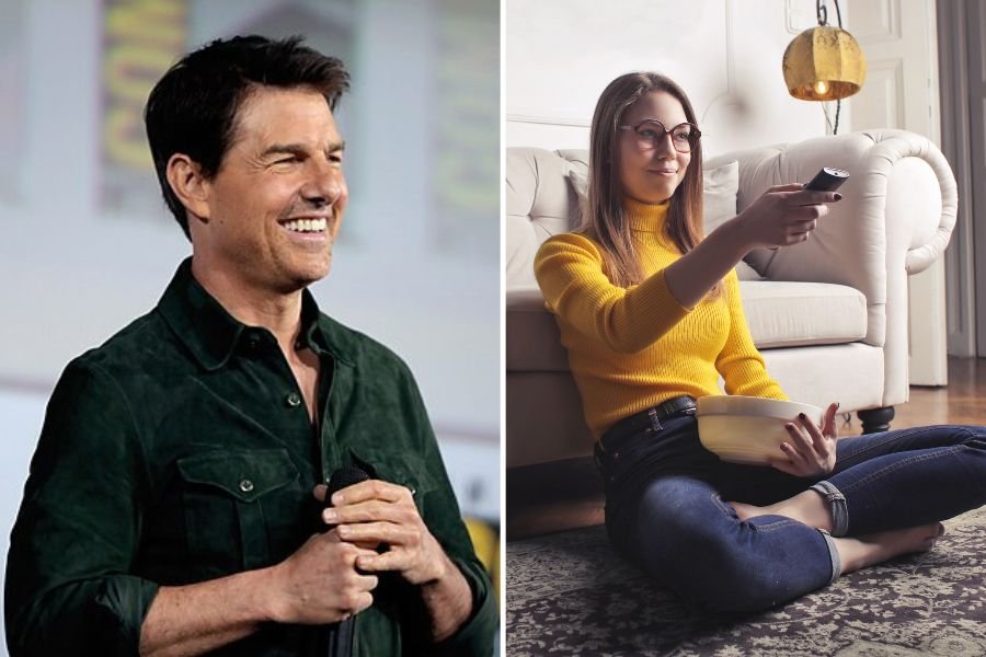 Tom cruise, woman pointing a remote at a TV