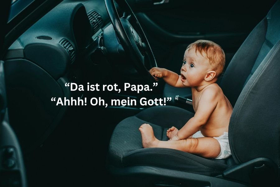 baby in a diaper sits in the driver's seat of a car