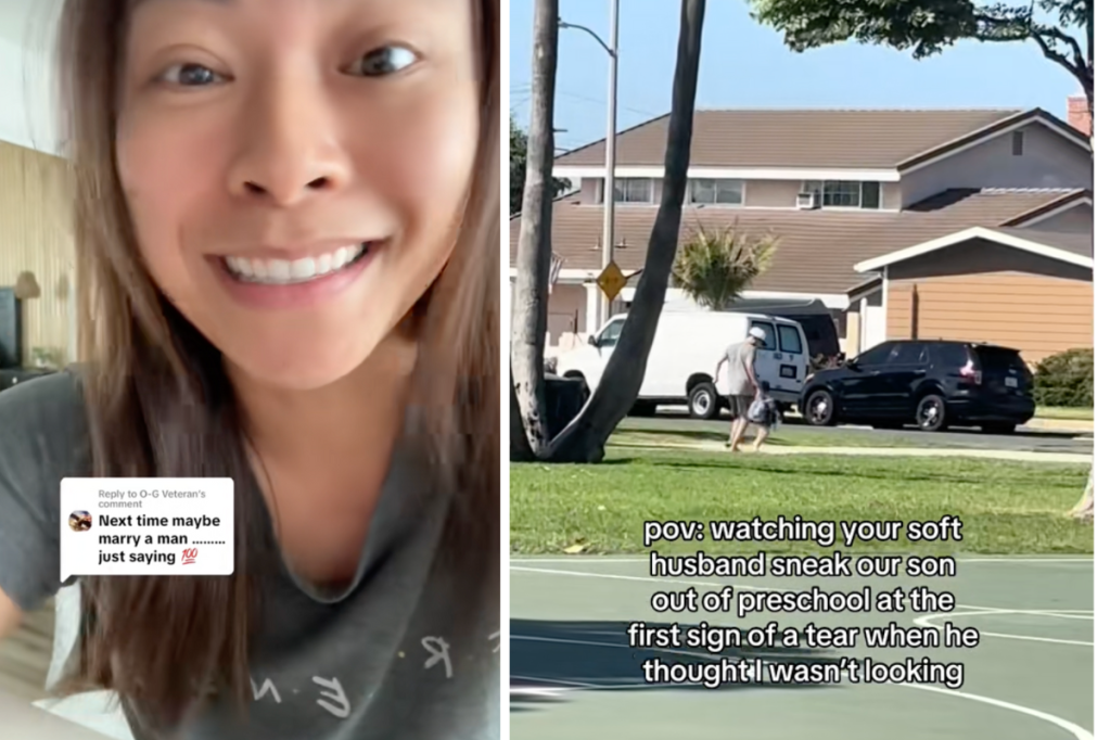 Split screen image of woman talking and a dad and his son running across grass