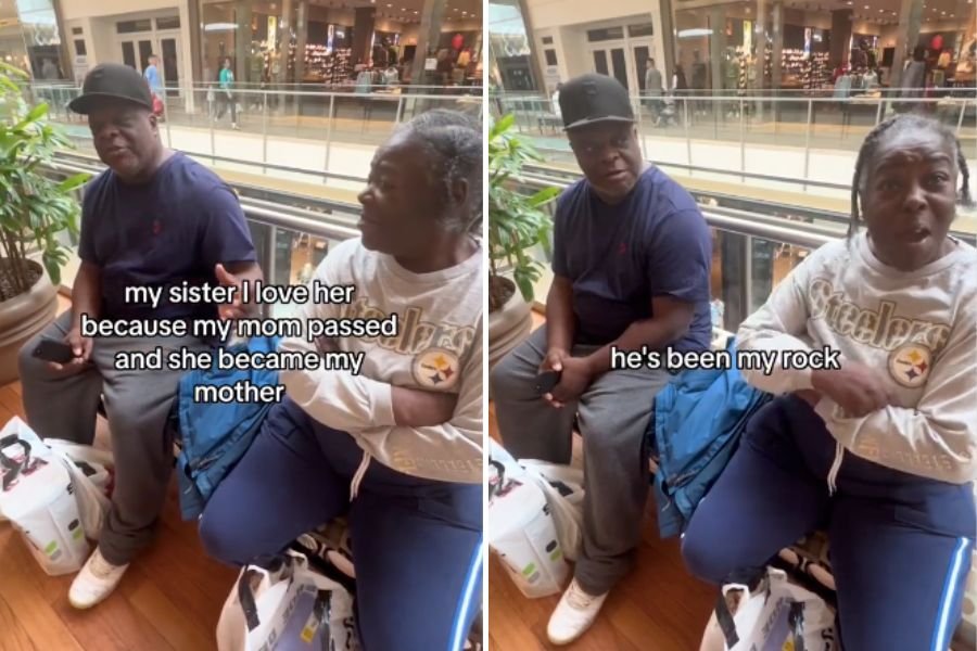brother and sister sitting on a mall bench