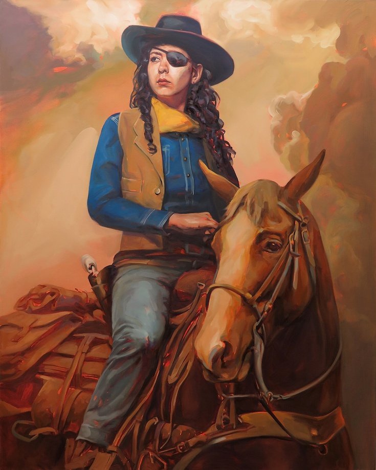Woman in cowboy hat with eye patch and yellow bandana