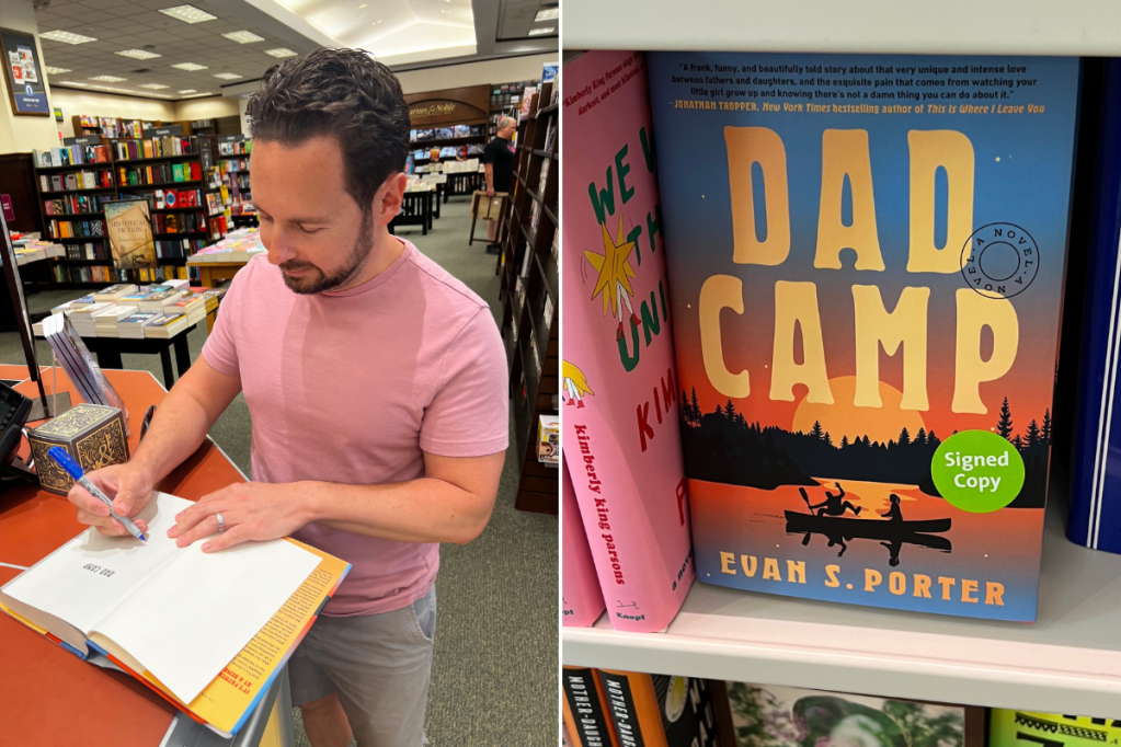 An author signing a book splitscreen a novel called Dad Camp on the shelf