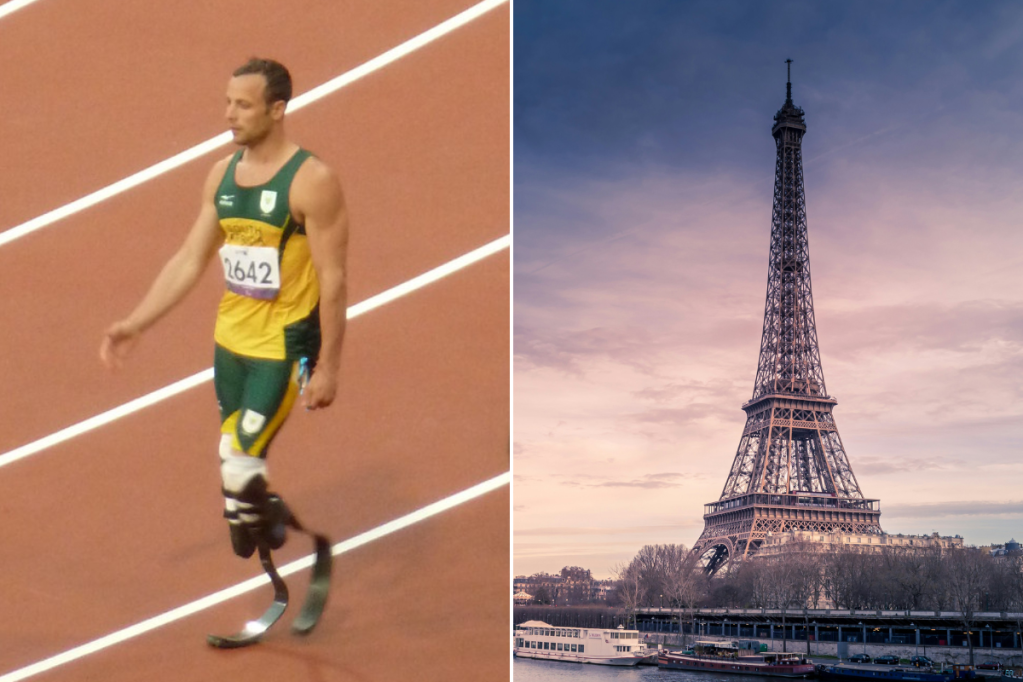 A Paralmypic athlete on a track splitscreen with the Eiffel Tower