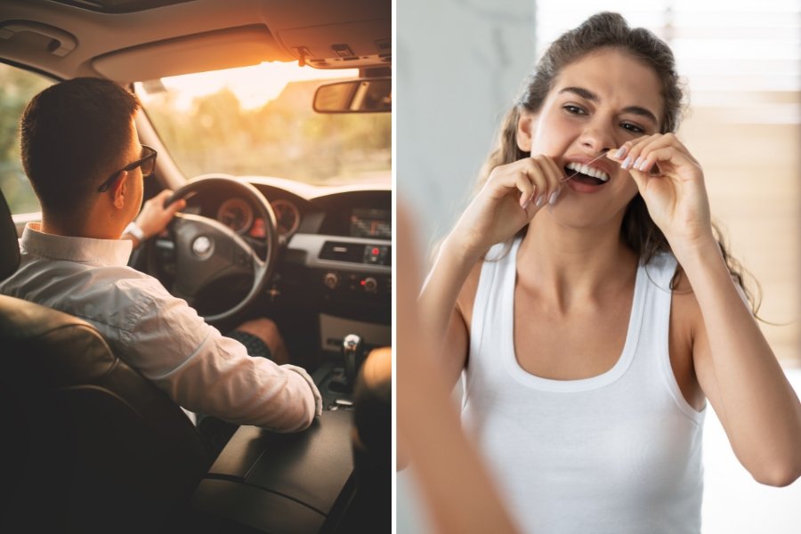 man driving, woman flossing