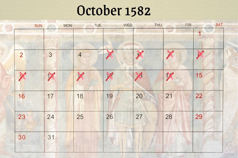 October 1582 calendar with October 5th to 14th marked off