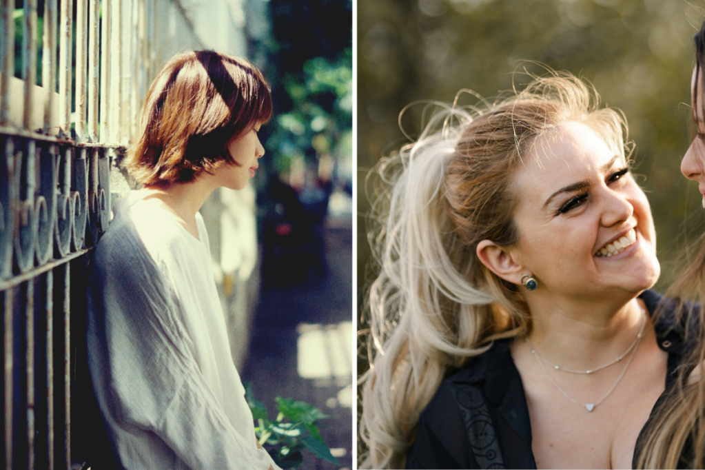 spitscreen sad woman on left happy woman on right