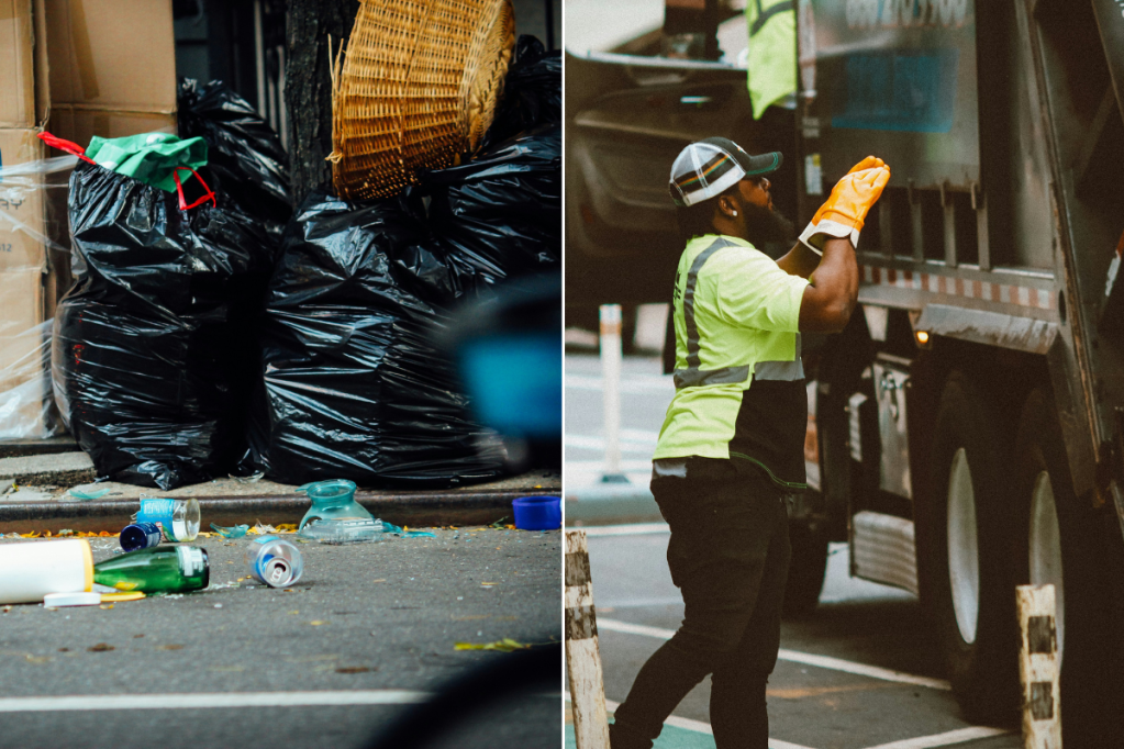Split screen of a pile of garbage and a garbage collector working on a truck