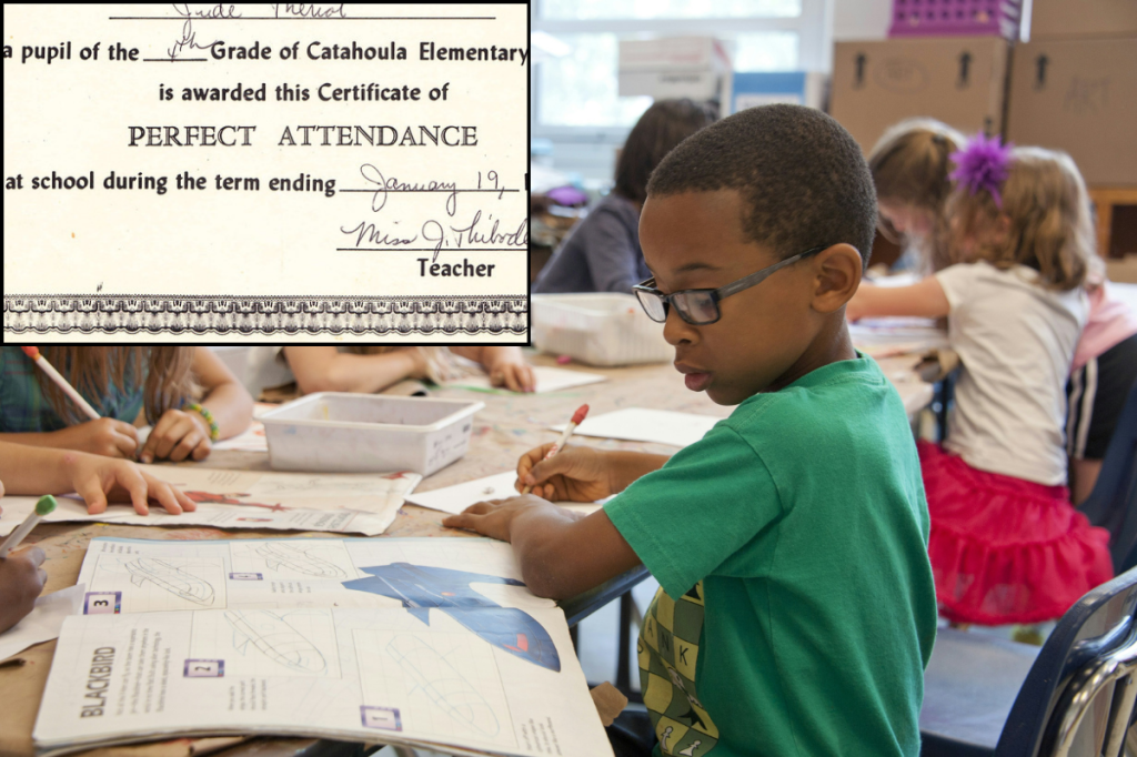 A boy doing classwork at school superimposed with a perfect attendance certificate