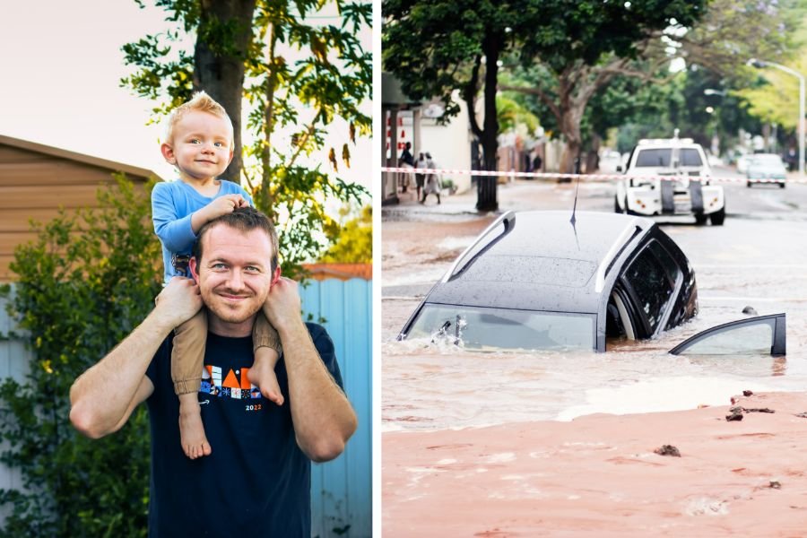dad saves son flood; dad rescues son; flooding; car sinks during flood; car floods; dad can't swim saves son
