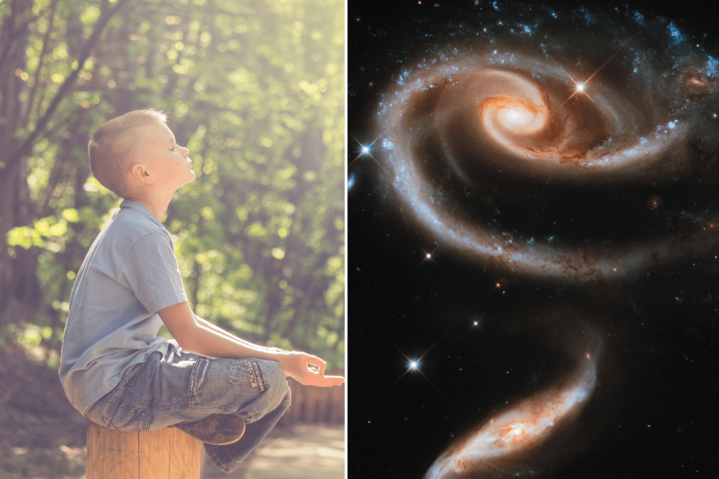 boy meditating on space