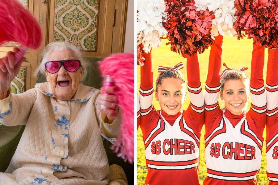 cheerleader; 97 year old cheerleader; elderly cheerleader; reliving high school; high school cheerleaders help elderly woman