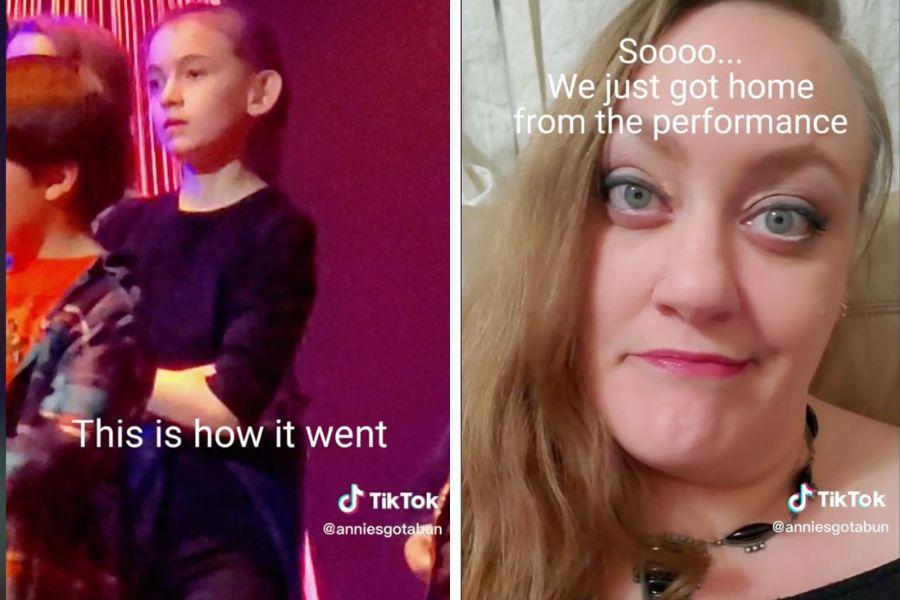 screenshot of a child with her arms crossed; screenshot of a woman making a video.