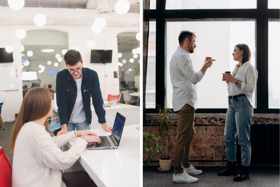 a man speaking to a woman on a laptop; a man speaking to a woman by a window