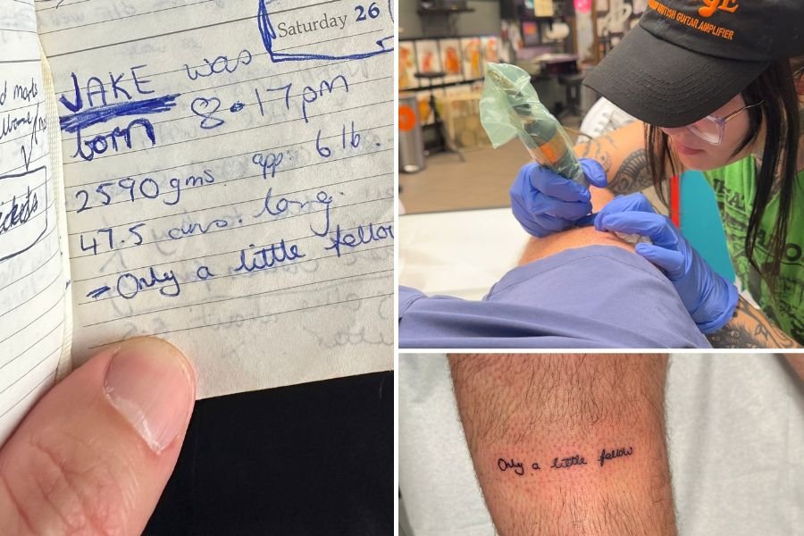 diary entry and man getting a tattoo on his leg