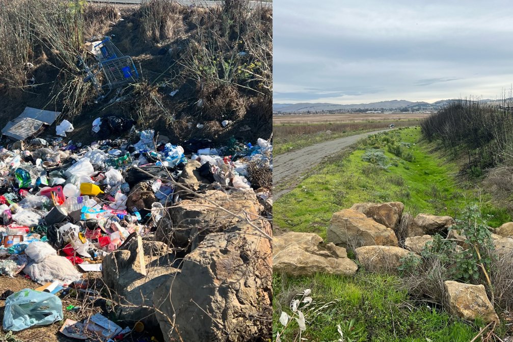 Before and after images of a highway cleanup effort. 