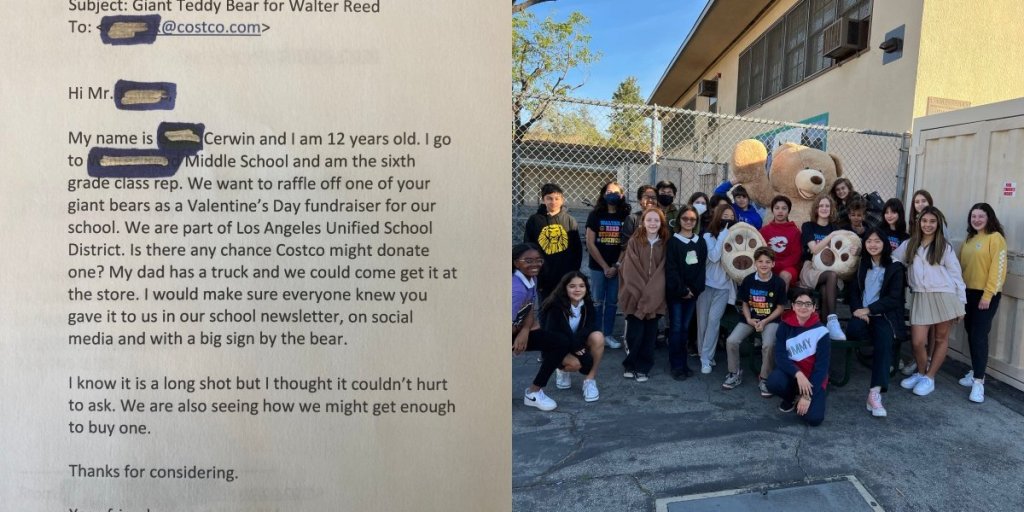 a screenshot of an email; a group photo of children with Costco's teddy bear