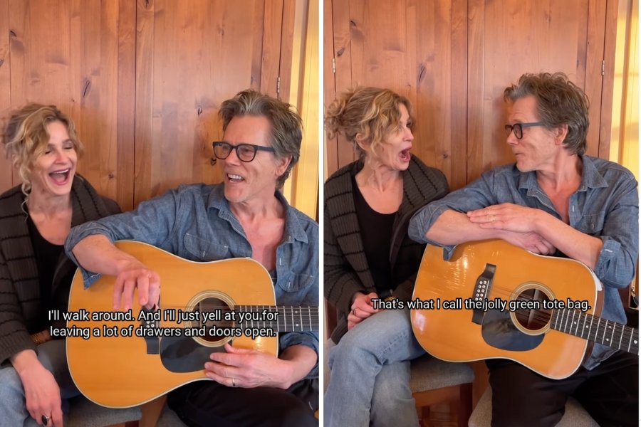 kyra sedgwick and kevin bacon laughing with guitar