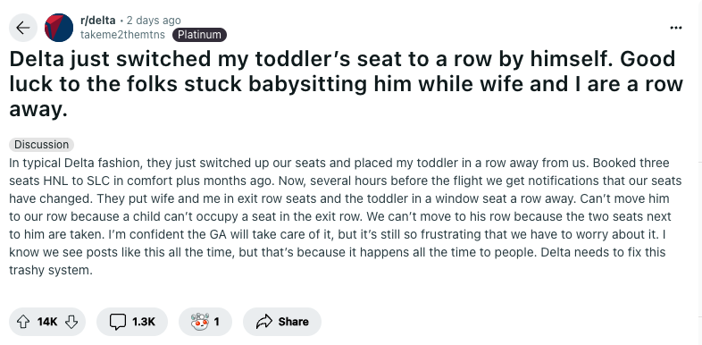 Description from Reddit of airplane seating snafu