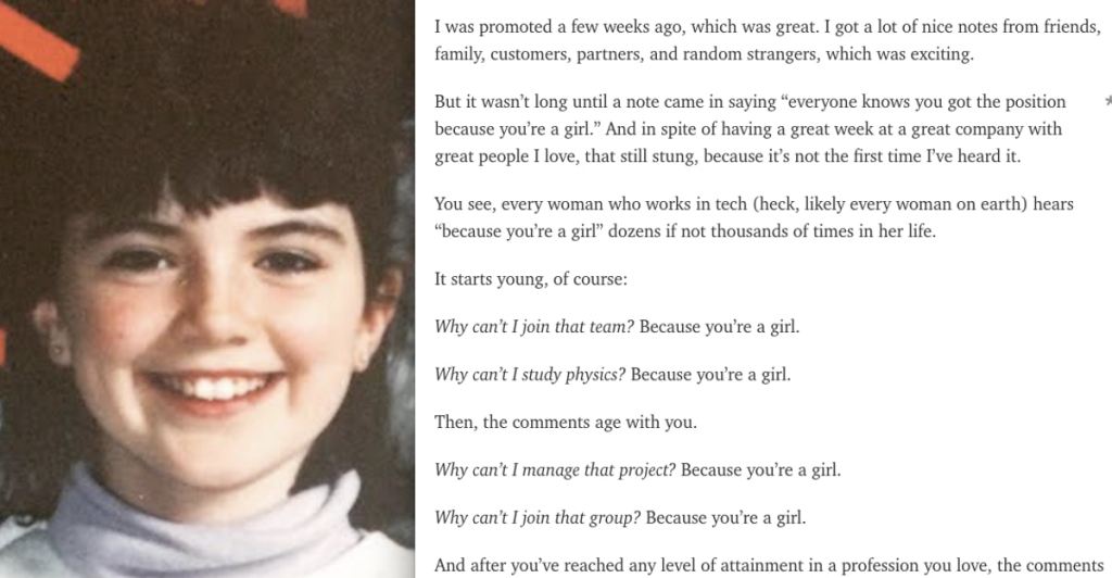 young girl smiling beside text