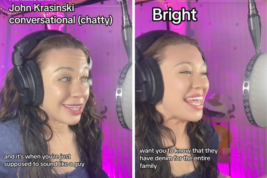 Woman in headphones speaking into a microphone