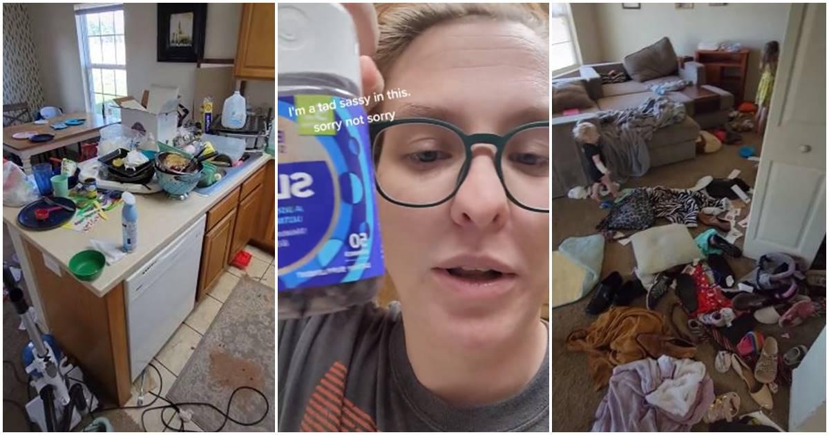 screenshot of a messy kitchen; woman speaking to camera; child standing by large pile of laundry