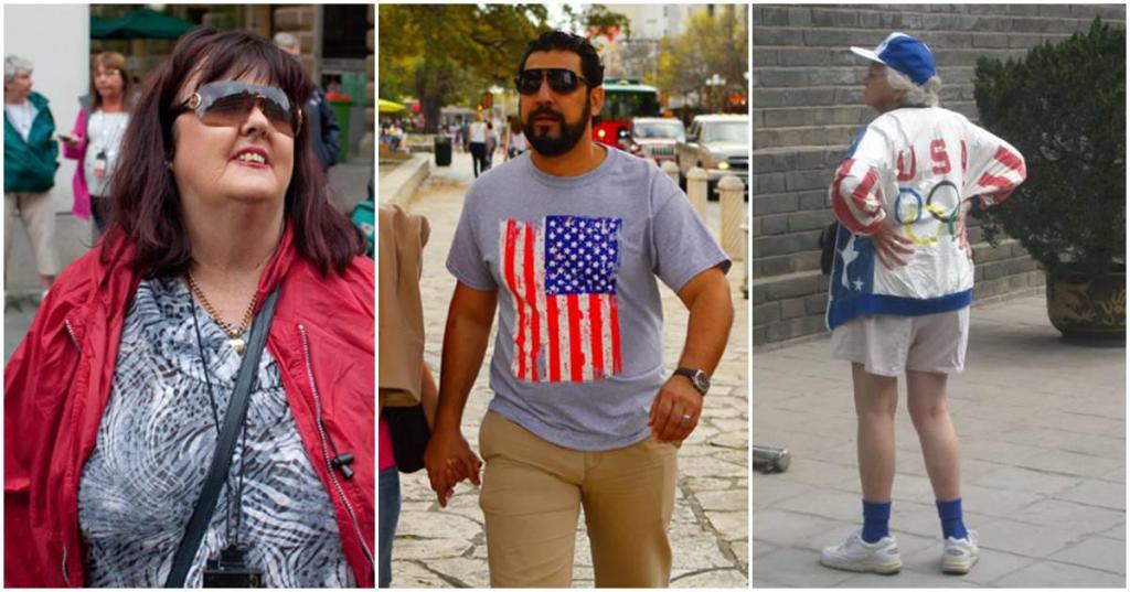 woman in sunglasses; man wearing American flag t-shirt; woman wearing cap and spangled shirt