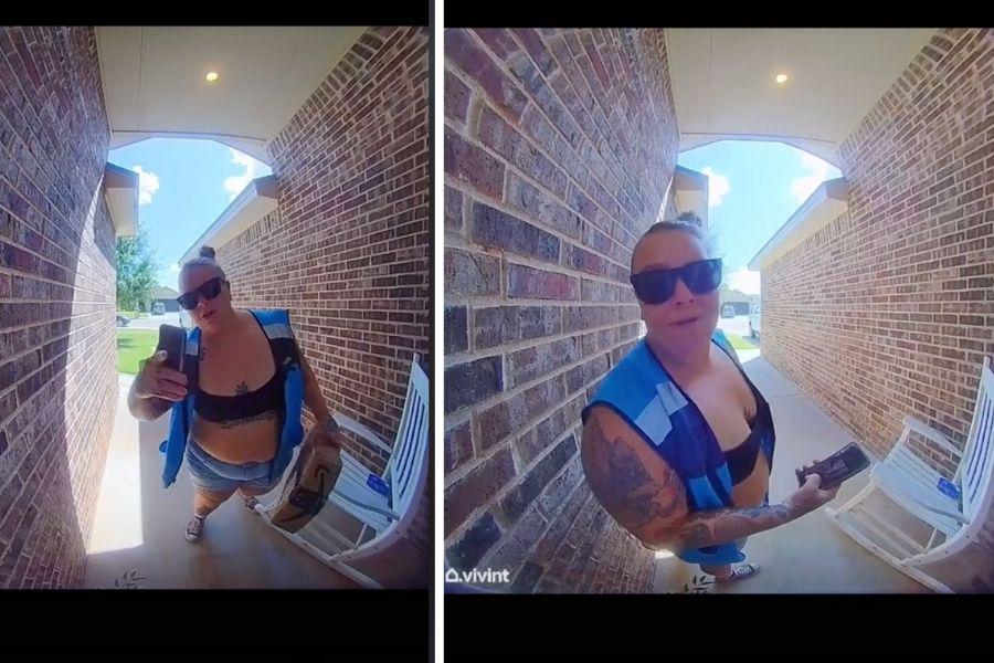 screenshots of a woman delivering packages on front porch