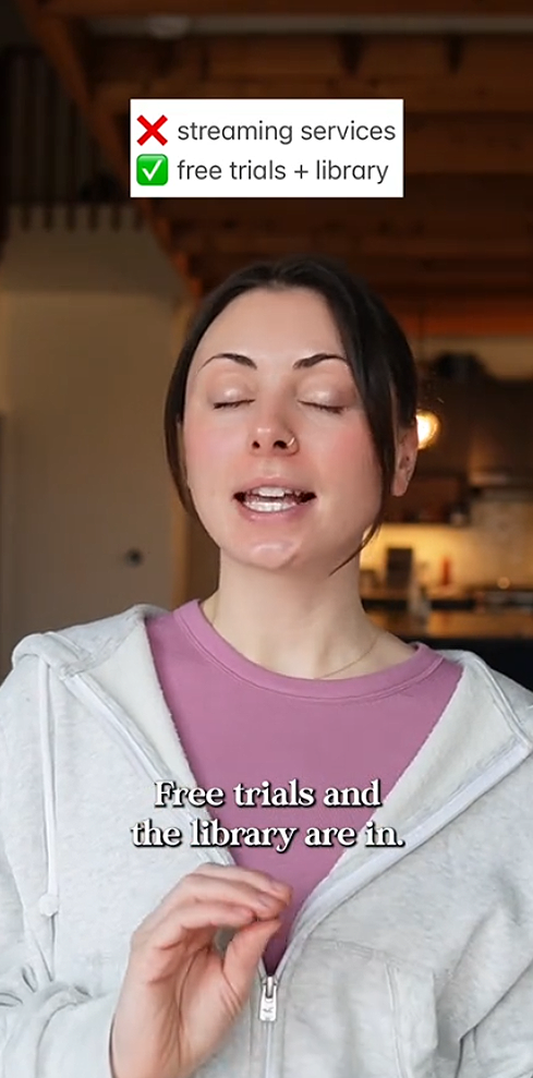 Person discussing alternatives to streaming; text about free trials and library.