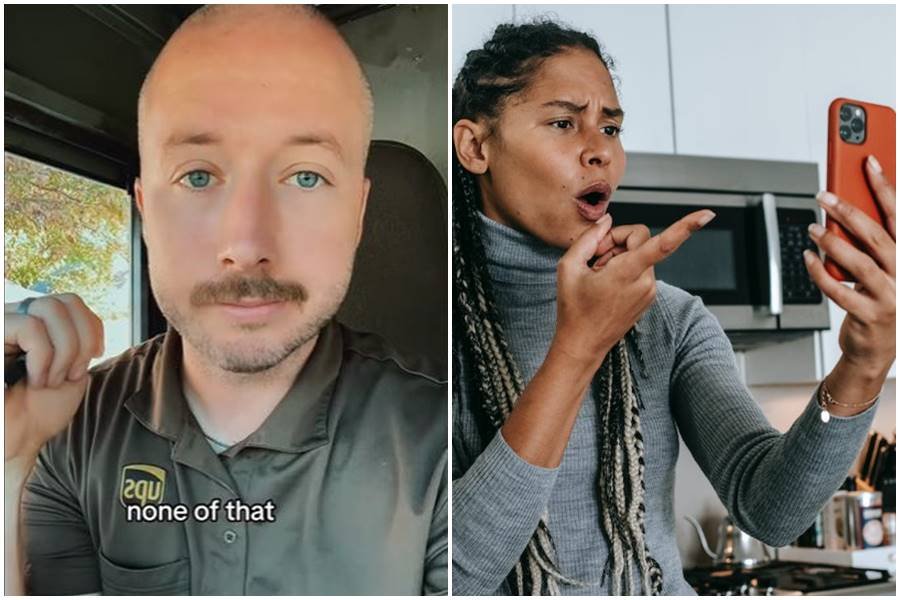 screenshot of a UPS driver; a woman angrily points at her phone