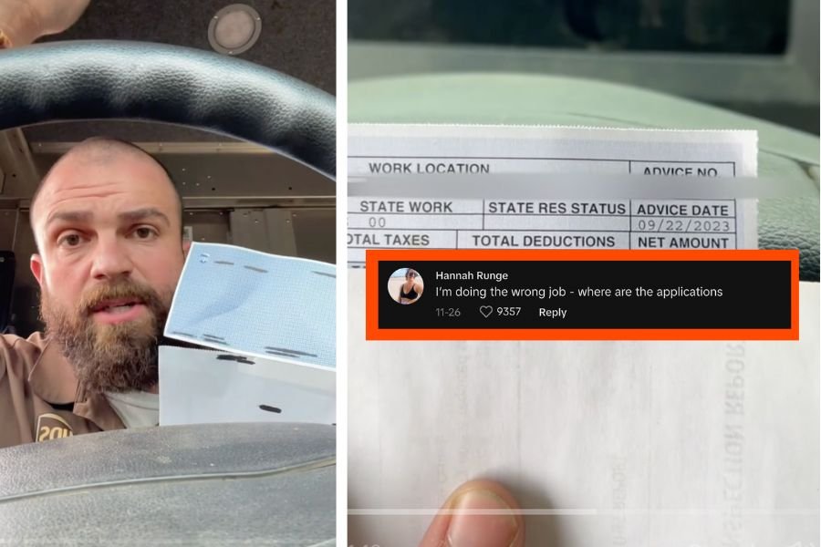 screenshot of a man holding a check; close up of a check with blurred information