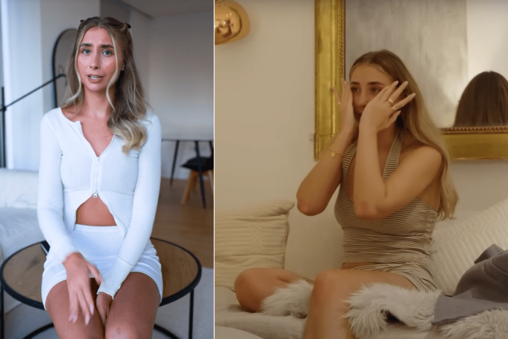 Left, Lily wearing white in a normal video. Right, Lily crying after the 100 guys challenge.