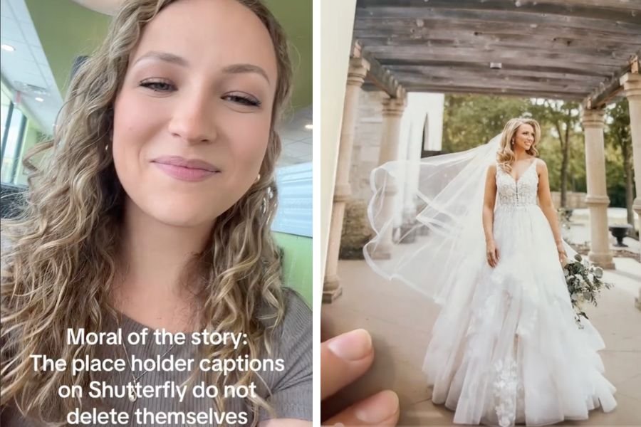 screenshot of woman with caption; photo of a bride