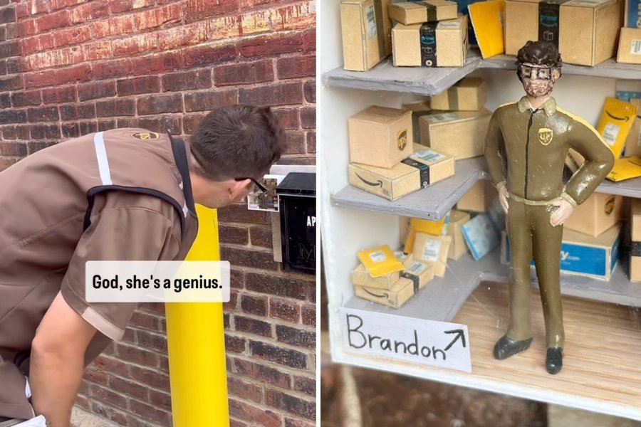 ups driver looking at diorama and closeup of diorama