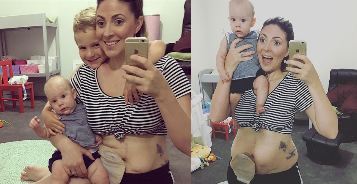 a mother poses for pictures in the mirror with her two children