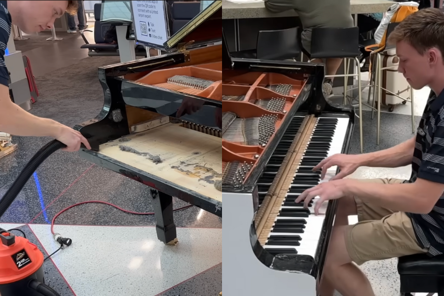 ​YouTuber The Piano Doctor works on the airport piano and then plays it