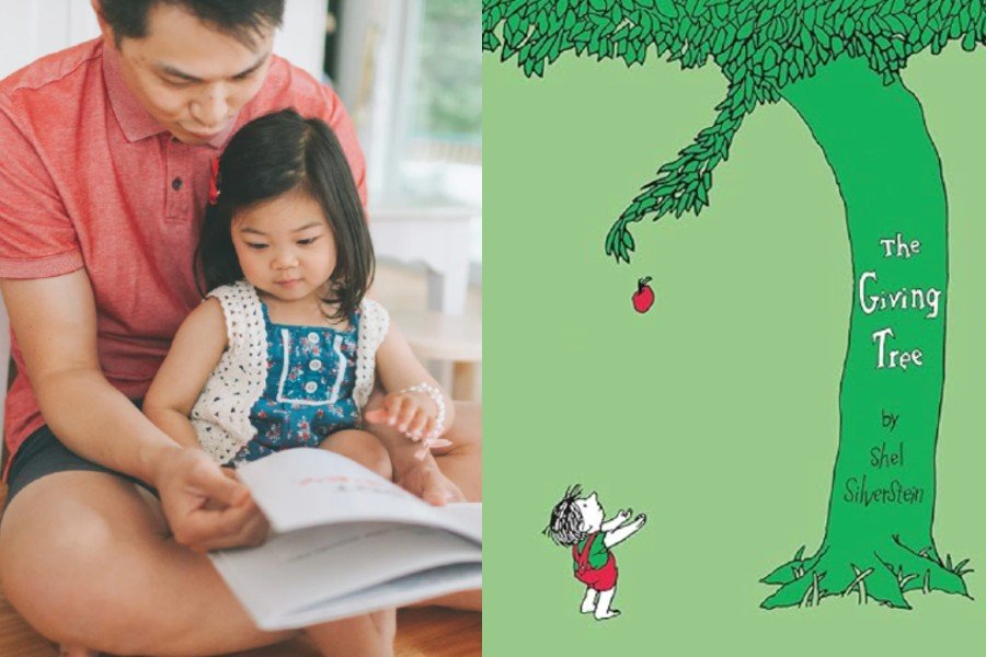 Dad reading to daughter on his lap next to an image of the book cover for The Giving Tree