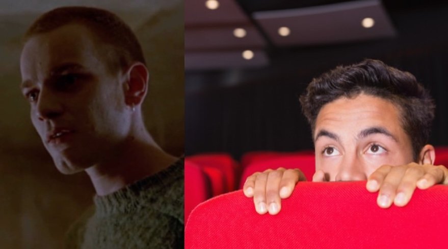 A scene from Trainspotting and a man hiding behind a movie theater seat.