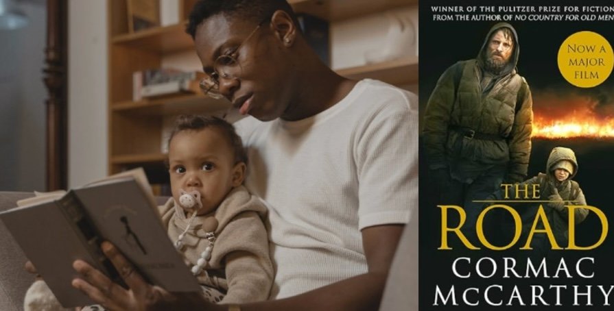 Man reading while a baby sits on his lap next to an image of the book cover of The Road