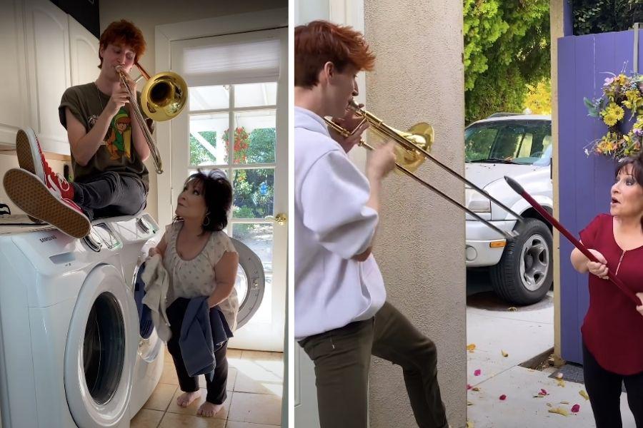 Musician son adds real trombone sound effects to his mom’s daily life and it’s hilarious