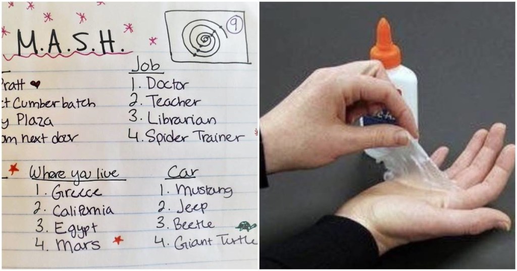 M.A.S.H. sheet; someone peeling dried glue from their hand
