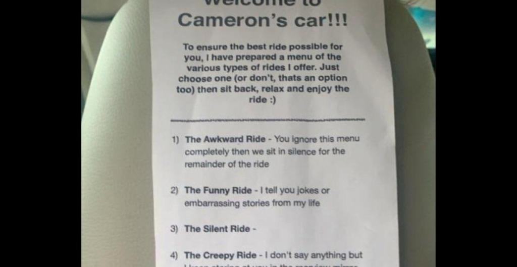 Homemade "menu" pinned to back of car seat