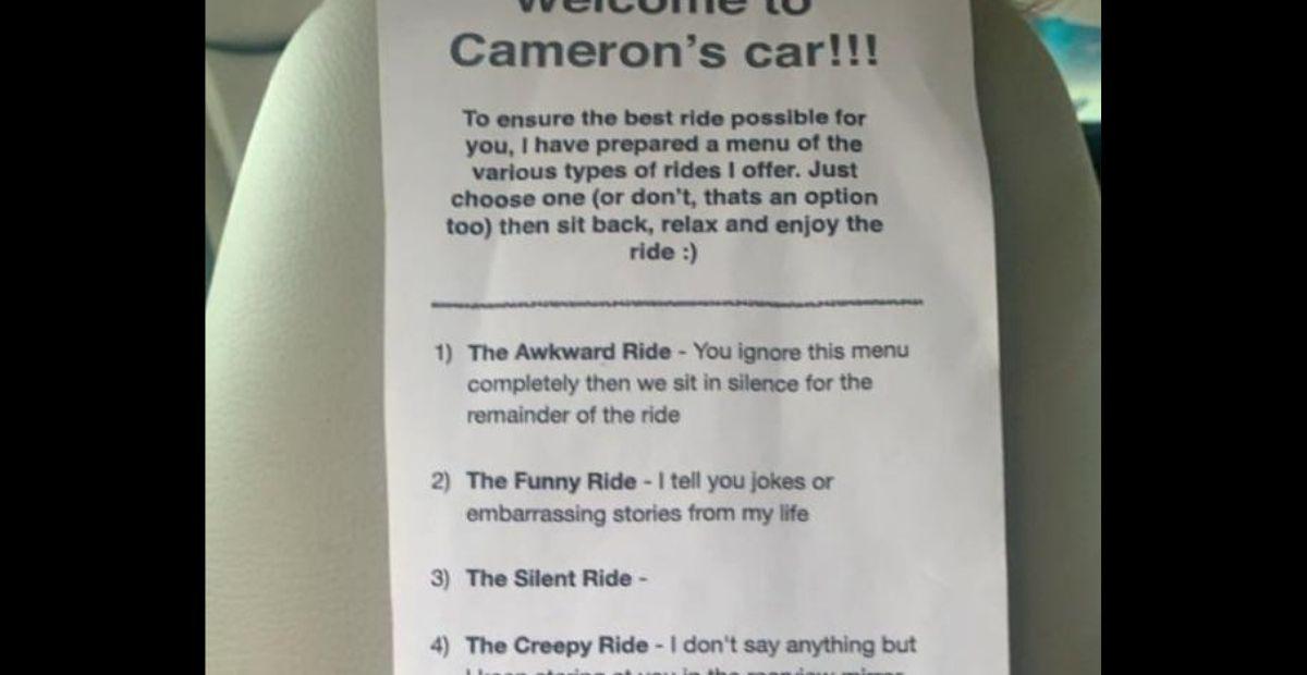 Homemade "menu" pinned to back of car seat