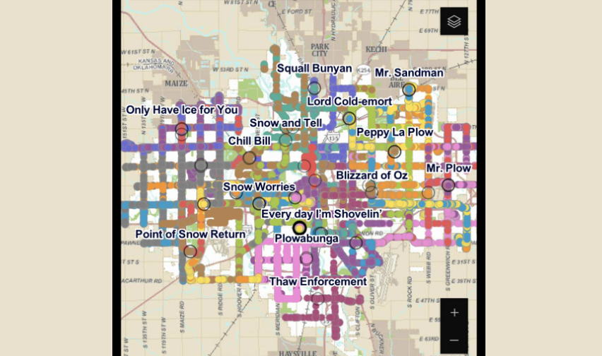map of wichita, kansas, with the names of a dozen or so snow plows