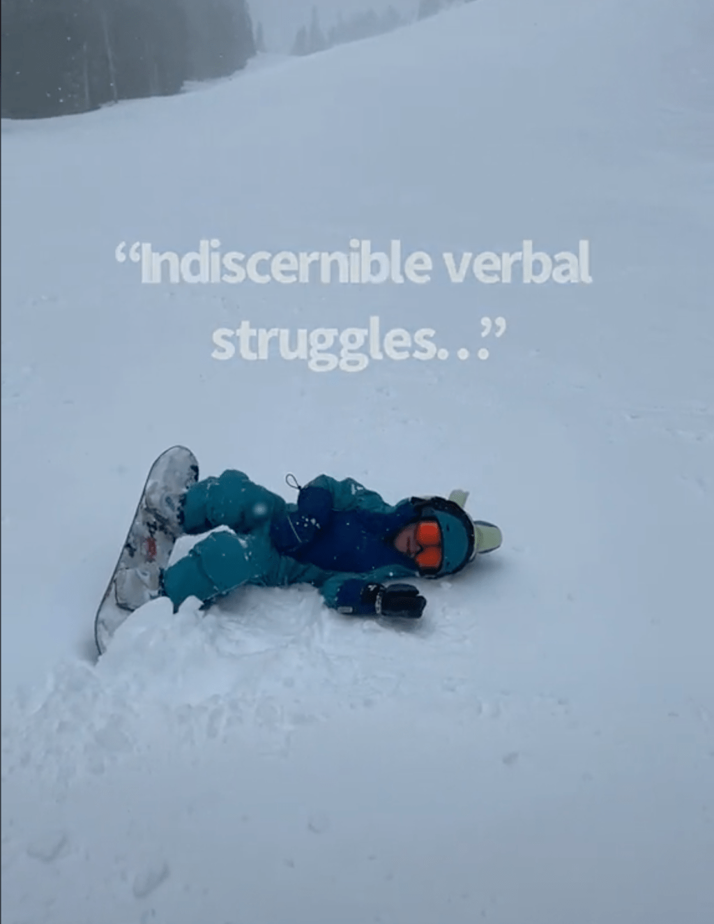 toddler in snowsuit in the snow with overlay text that reads "Indiscernible verbal struggles..."