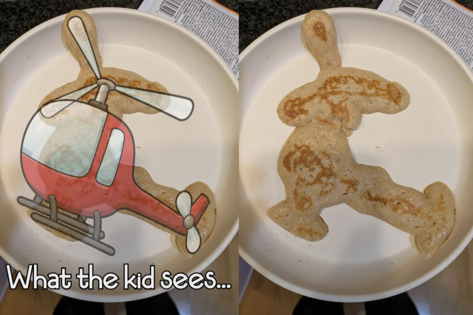 A comparison between a cartoon helicopter and a pancake shaped like one.